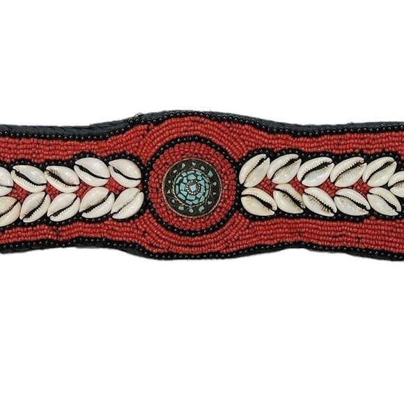 Vintage Ladakh Statement Belt Red Coral Seed Bead Turquoise Brass Cowry Shell - Picture 2 of 12